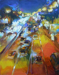 Autopista nocturna en una ciudad llena de vida