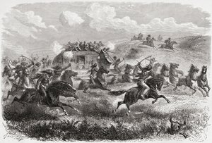 Indios atacando una diligencia transcontinental en 1867, ilustración de 