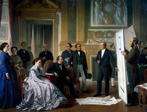 El arquitecto presenta los nuevos planos del Louvre a Napoleón III y Eugenia de Ange Tissier