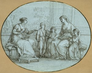 Cornelia, madre de los Gracos, está sentada (a la derecha) frente a una rica romana, a quien muestra sus tres hijos como su posesión más preciada de Angelica Kauffmann