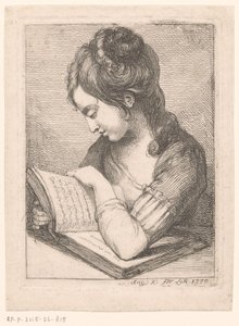 mujer joven, lectura, en, un, mesa, descansar, ella, codo, en, un, libro de Angelica Kauffmann