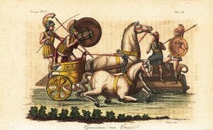 Guerreros griegos antiguos con escudos pintados montando una biga o carro de dos caballos de Angelo (after) Monticelli