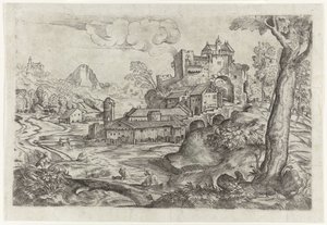 Paisaje con río y castillo de Angelo Falconetto (attributed to)