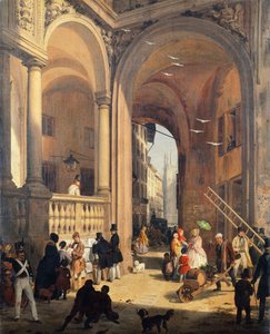 Piazza dei Mercanti o La transición desde la Plaza de los Viejos Mercaderes de Pescado de Angelo Inganni