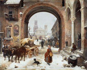 Mercado de invierno frente a la abadía de Claraval de Angelo Inganni