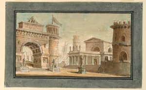 Diseño escénico, grupo de edificios cerca del puerto de Angelo Toselli