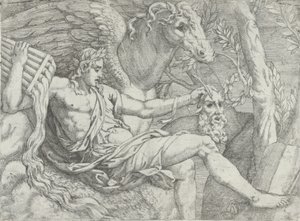 Apolo sosteniendo flautas en su mano derecha acompañado por Pegaso, 1556-60 de Angiolo Falconetto