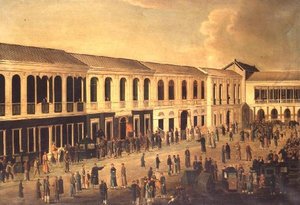 Una vista de los Hongs en el paseo marítimo de Cantón, c.1825 de Anglo Chinese School