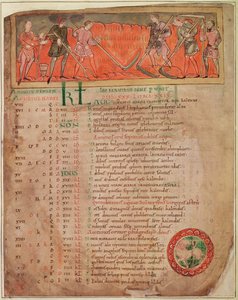 Cott Tib B V f.6v Cosecha, de un calendario, c.1030 (vitela) (para más detalles, consulte 61654) de Anglo Saxon