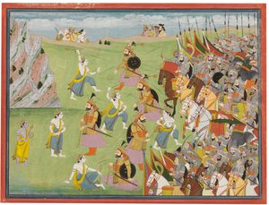 Una pintura del Mahabharata: Balabhadra luchando contra Jarasandha, Kangra o Garhwal, c.1810-20