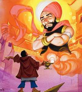 Aladino al mando del Genio, ilustración de "Aladino y su lámpara maravillosa" (gouache sobre papel) de Angus McBride