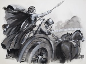 Boadicea azuzando la furia de los britanos contra sus señores romanos (gouache sobre papel) de Angus McBride