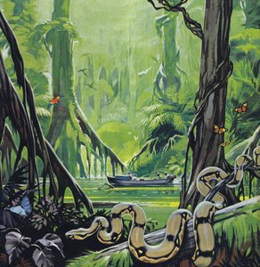 Explorando el río Amazonas (litografía en color) de Angus McBride
