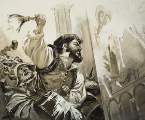 Fanáticos asaltan las iglesias de Basilea en la Suiza protestante (gouache sobre papel) de Angus McBride