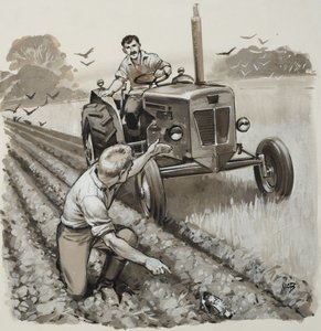 Granjero descubriendo una reliquia antigua (gouache sobre papel) de Angus McBride