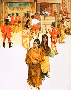 indias escondiendo armas entran en Fort Micilmackinac de Angus McBride