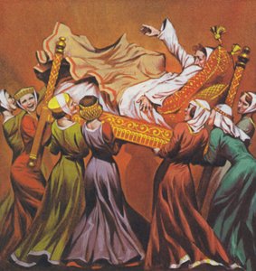 El rey Eduardo I fue levantado en su cama por las damas de la corte (litografía en color)