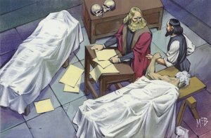 Leonardo Da Vinci investigando la anatomía humana, utilizando los cadáveres de hombres que habían muerto en el hospital (gouache sobre papel) de Angus McBride
