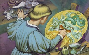 Leonardo Da Vinci pintando un escudo para impresionar a su padre (gouache sobre papel) de Angus McBride