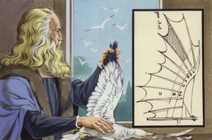 Leonardo Da Vinci estudiando aves para descubrir cómo podía volar un hombre (gouache sobre papel) de Angus McBride