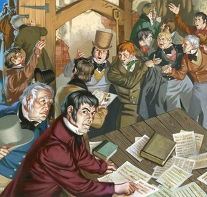 Reunión de cartistas (gouache sobre papel) de Angus McBride
