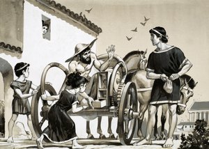 Comerciante vendiendo objetos a lomos de un carro en época romana de Angus McBride