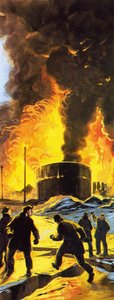Tanques de petróleo ardiendo en Seward tras el terremoto de Anchorage de 1964 de Angus McBride