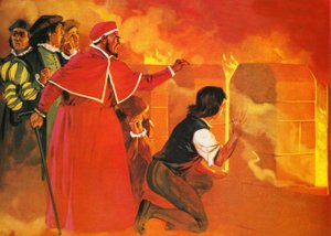 El Papa Clemente y sus seguidores viendo el saqueo e incendio de Roma de Angus McBride