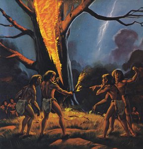 El hombre prehistórico y el fuego (litografía en color) de Angus McBride