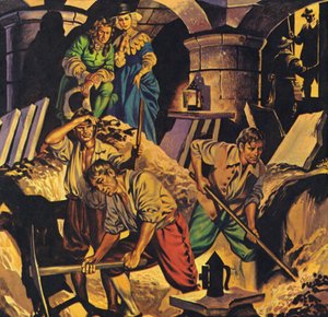 Samuel Pepys busca un tesoro supuestamente escondido en la Torre de Londres (litografía en color) de Angus McBride