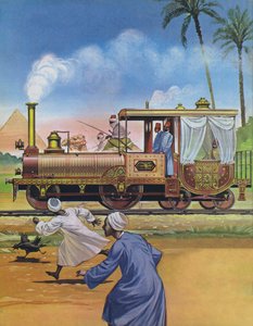 El Jedive de Egipto hizo construir un motor y un carruaje en Inglaterra en 1862 (litografía en color) de Angus McBride
