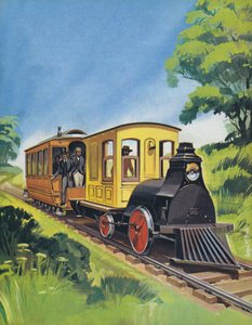 Tren eléctrico Thomas Edisons, construido en 1882 (litografía en color) de Angus McBride