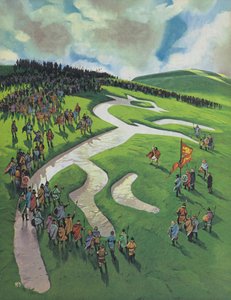 Caballo blanco de Uffington, construido por Alfredo el Grande tras la batalla de Ashdown contra los daneses (litografía en color) de Angus McBride