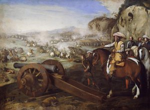 Capitán a caballo ordenando disparar el cañón durante la batalla, pintura de Aniello Falcone (1607-1656), óleo sobre lienzo, 94x131 cm
