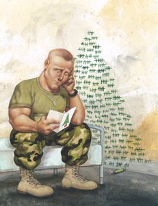 Noche de paz, lucha sin fin, 2005 (acrílico sobre tabla ilustración) de Anita Kunz