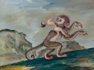 Mujer arrastrada por su primate, 2018 (pintura acrílica sobre tabla ilustración) de Anita Kunz
