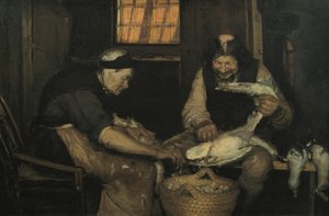 Pareja mayor desplumando gaviotas. Lars Gaihede y la vieja Lene de Anna Ancher