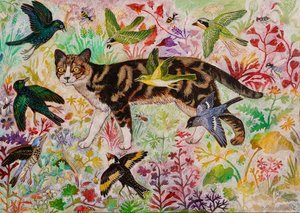 Tabby y los pájaros, 2019 (acrílico)