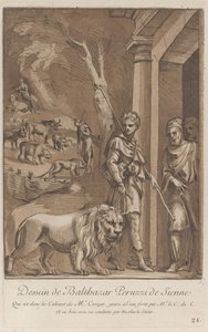 Un pastor sosteniendo un león con una correa en primer plano, en el fondo el sh..., ca. 1729-64 de Anne Claude Philippe de