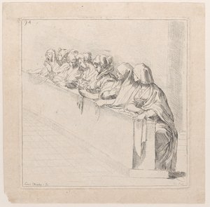 Siete mujeres sentadas detrás de un muro bajo, siglo XVIII de Anne Claude Philippe de Caylus