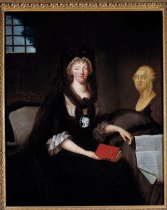 Retrato de María Antonieta (1755-1793) de gran luto en la prisión del Templo (o María Antonieta en la Conserjería, de luto, con un camafeo que representa el delfín, sosteniendo un libro de la vida de María, reina de Escocia, cerca de un busto de Luis XVI y