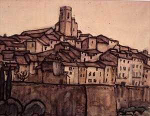 Vista de una ciudad amurallada con techo que se eleva a una torre cuadrada en una colina de Anne L. Falkner