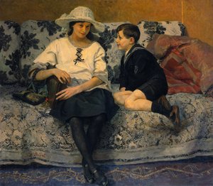 Una niña y un niño en un sofá (óleo sobre lienzo) de Anne Marie Henriette Brejat