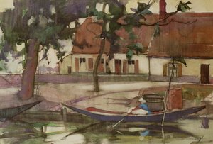 Barco en un canal, pueblo francés de Anne Redpath