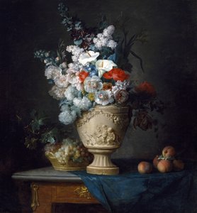 Ramo de flores en un jarrón de terracota con duraznos y uvas de Anne Vallayer Coster