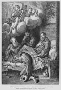 San Francisco de Asís, sufriendo de enfermedad, es curado por el sonido de un instrumento celestial (litografía) de Annibale (after) Carracci