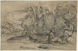 Paisaje con un sátiro tocando la flauta, mujer y putto de Annibale Carracci (attributed to)