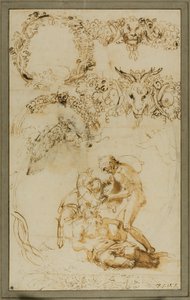 Sileno borracho y bocetos decorativos: Estudios para la Tazza Farnese (anverso); Dos putti luchando: Estudio para la Galleria Farnese (verso)