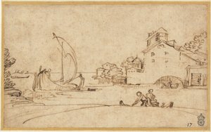 Paisaje con figuras junto a un estuario con barcos de vela de Annibale Carracci