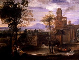 Paisaje romano con un puente (detalle) de Annibale Carracci
